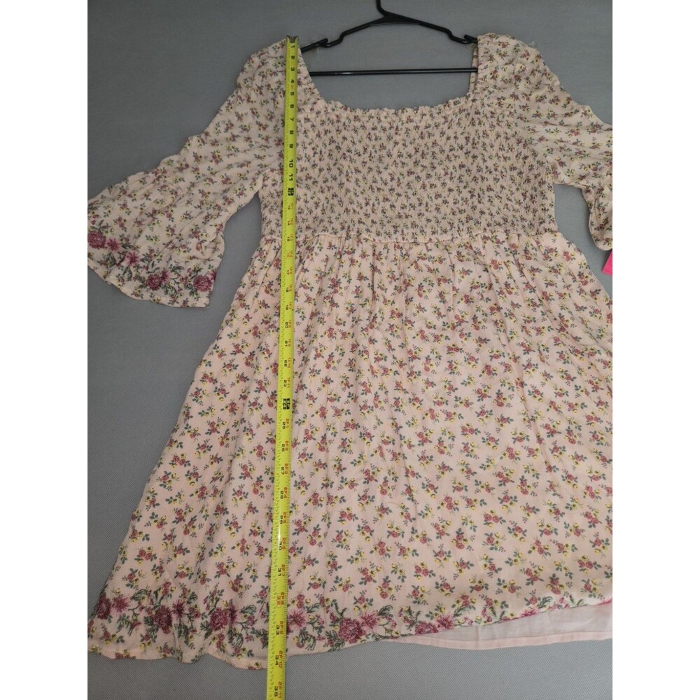 Xhilaration Womens XL Dress Floral NWT Smocked Bell Sleeve Nude Pink Mini Short - Picture 6 of 10